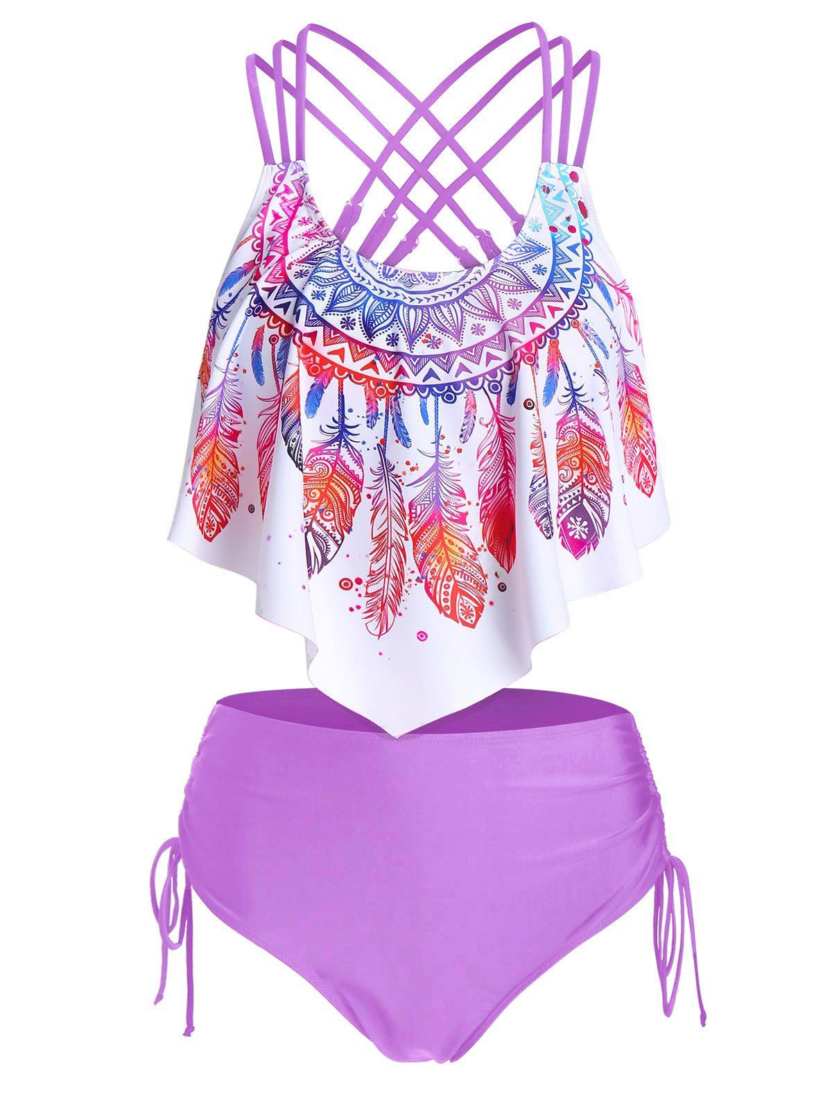Bohemian Tankini Swimsuit Feather Floral Print Bathing Suit Crisscross Cinched Beach Swimwear - HELIOTROPE PURPLE L