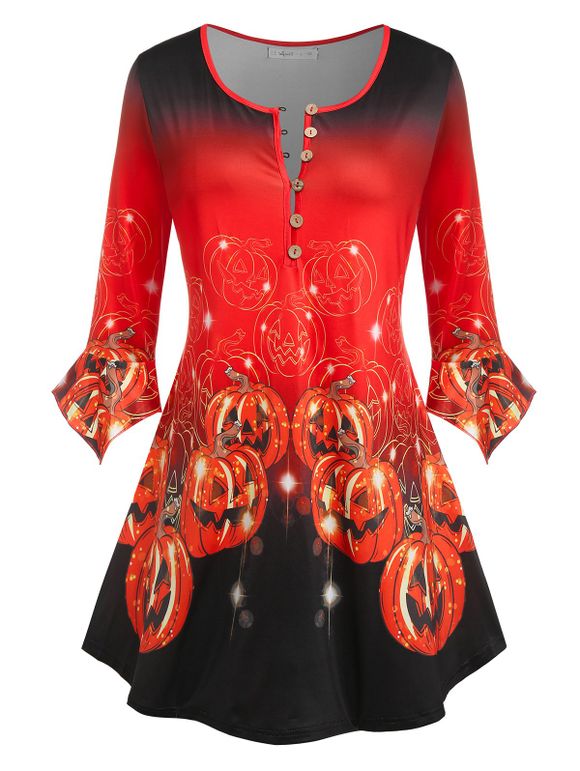 T-shirt Imprimé Visage de Citrouille D'Halloween Grande Taille - Rouge 4X
