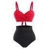 Tummy Control Colorblock Bikini Swimsuit Twisted Two Tone Ruched Swimwear Set - RED S