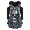 T-shirt Gothique à Imprimé Rose Crâne à Epaule Dénudée de Grande Taille - Noir 2X
