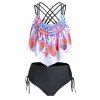 Bohemian Tankini Swimsuit Feather Floral Print Bathing Suit Crisscross Cinched Beach Swimwear - multicolor A XL