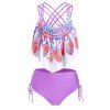 Bohemian Swimsuit Feather Floral Print Crisscross Cinched Tankini Swimwear - multicolor A S