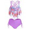 Maillot de Bain Tankini à Bretelle à Imprimé Plume à Lacets Bohémien de Plage - Pourpre Héliotrope 2XL