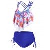 Bohemian Tankini Swimsuit Feather Floral Print Bathing Suit Crisscross Cinched Beach Swimwear - OCEAN BLUE 3XL