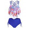 Bohemian Tankini Swimsuit Feather Floral Print Bathing Suit Crisscross Cinched Beach Swimwear - OCEAN BLUE 3XL
