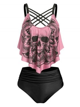 Tummy Control Tankini Swimwear Gothic Swimsuit Skull Flower Print Crisscross Summer Beach Bathing Suit
