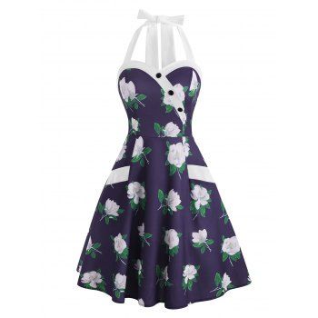 

Vintage Flower Print Halter Tied Fit and Flare Pocket Dress, Deep blue