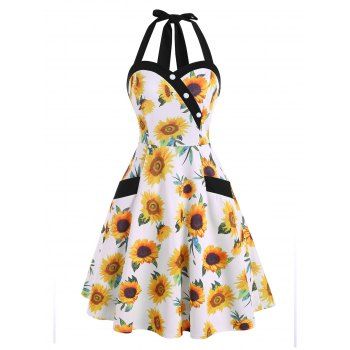 

Vintage Flower Print Halter Tied Fit and Flare Pocket Dress, White