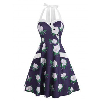 

Flower Print Halter Mock Button Pocket Dress, Deep blue