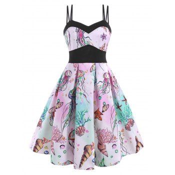 

Vacation Dress Marine Life Print Sundress Colorblock Duall Strap Empire Waist A Line Dress, Multicolor