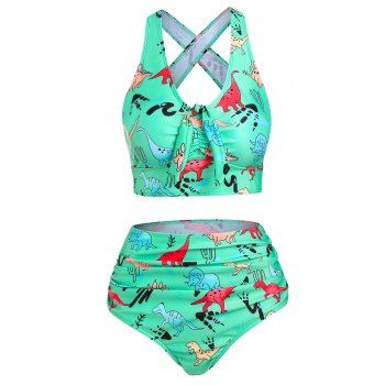 

Cartoon Dinosaur Print Ruched Padded Tankini Set, Light green