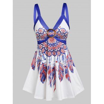 

Flower Feather Print O-ring Tank Top, Blue