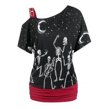 

Moon Star Skeleton Print Ruched T-shirt, Black