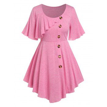 

Plus Size Buttons Flounce Asymmetrical T Shirt, Light pink