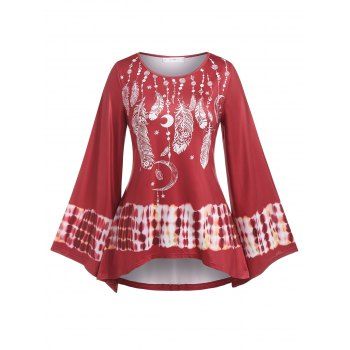 

Plus Size Dreamcatcher Print Bell Sleeve T Shirt, Red