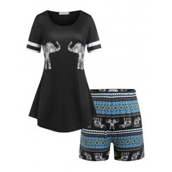 

Plus Size Tribal Elephant Print Shorts Pajamas Set, Black