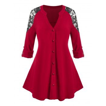 

Plus Size Lace Insert Roll Tab Sleeve Blouse, Red