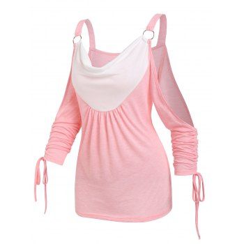 

Cold Shoulder Cinched O-ring Contrast T-shirt, Light pink