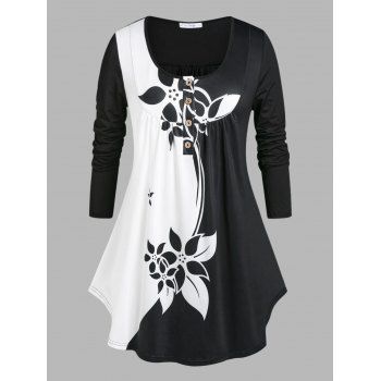 

Plus Size Colorblock Floral Print T-shirt, Black