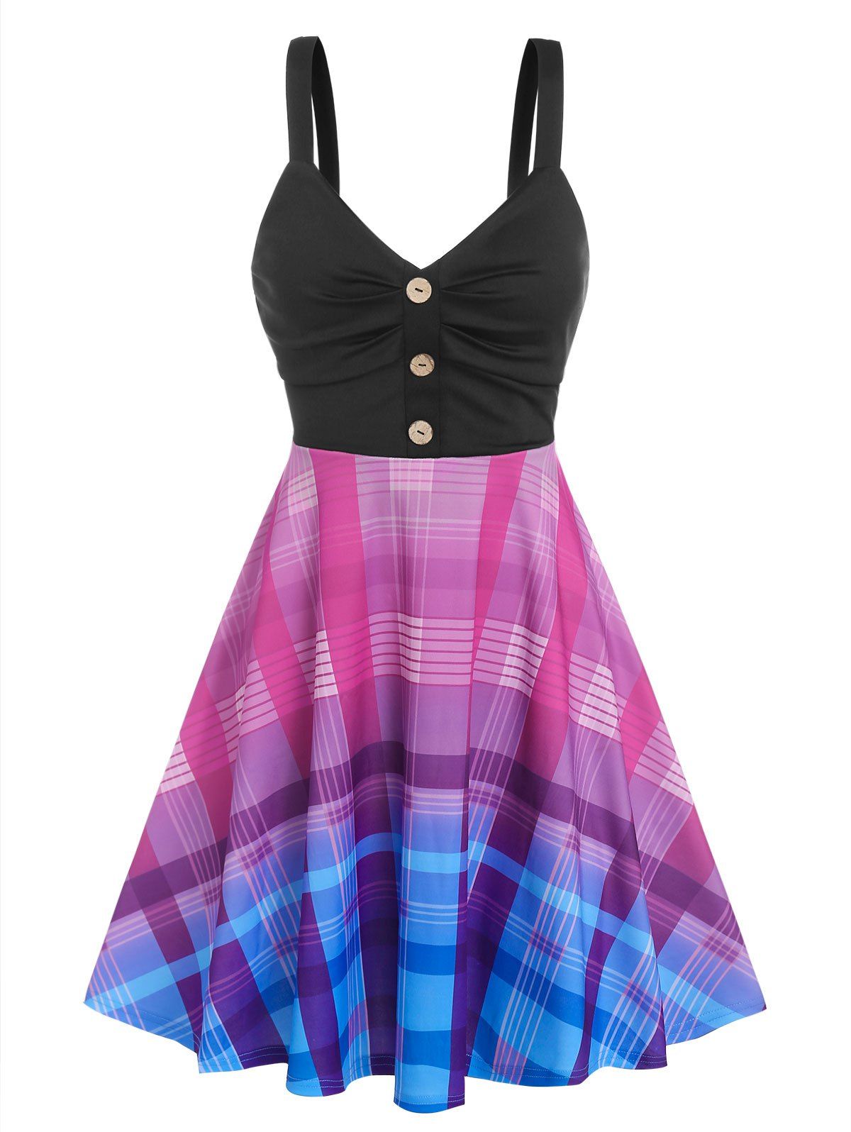 Ombre Color Plaid Ruched Fit and Flare Dress - multicolor XXXL