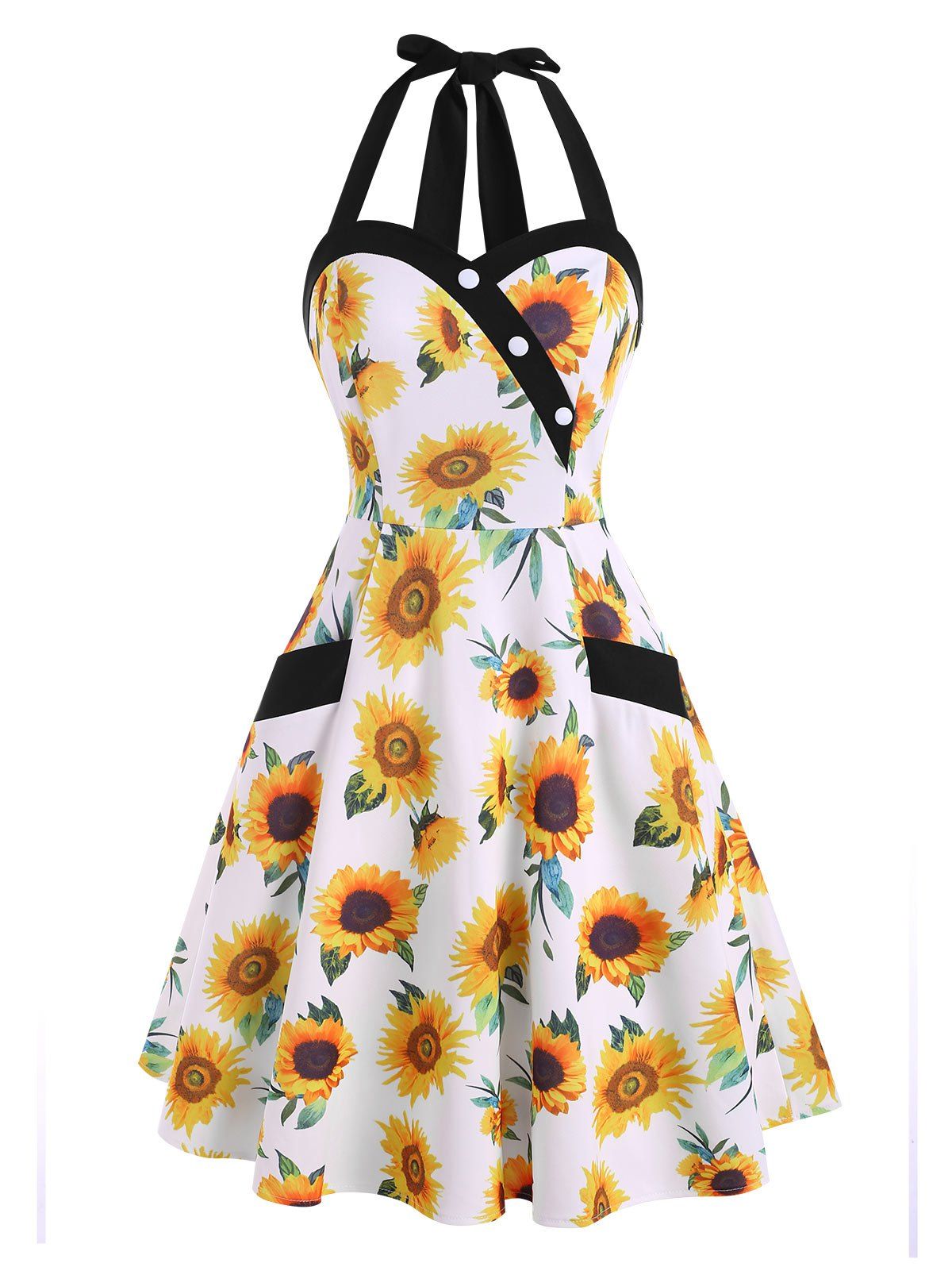 Vintage Flower Print Halter Tied Fit and Flare Pocket Dress - WHITE 2XL
