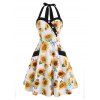 Robe Evasée Vintage à Imprimé Fleur Boutonnée avec Poche à Col Halter - Blanc S