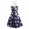 Robe Evasée Vintage à Imprimé Fleur Boutonnée avec Poche à Col Halter - Bleu profond M