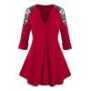 Plus Size Lace Insert Roll Tab Sleeve Blouse - RED L