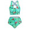 Tummy Control Tankini Swimsuit Cartoon Dinosaur Print Bathing Suit Ruched Bowknot Crisscross Beach Swimwear - WHITE L
