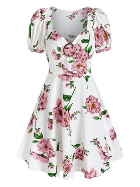 Sweety Floral Print O Ring Sweetheart Neck Puff Sleeve Mini Dress