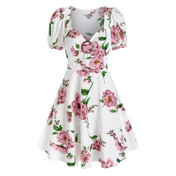 

Sweety Floral Print O Ring Sweetheart Neck Puff Sleeve Mini Dress, White