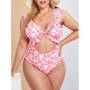 

Plus Size Ruffle Cutout Leopard One-piece Swimsuit, Light pink