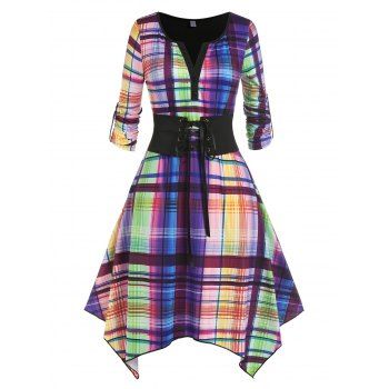 

Plus Size Colorful Plaid Lace Up Handkerchief Dress, Multicolor
