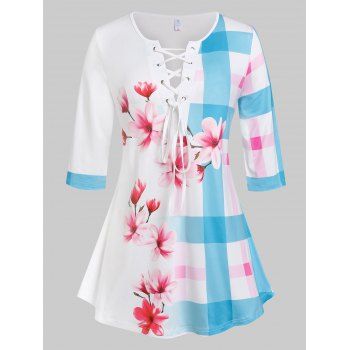 

Plus Size Lace Up Floral Print Plaid T-shirt, White