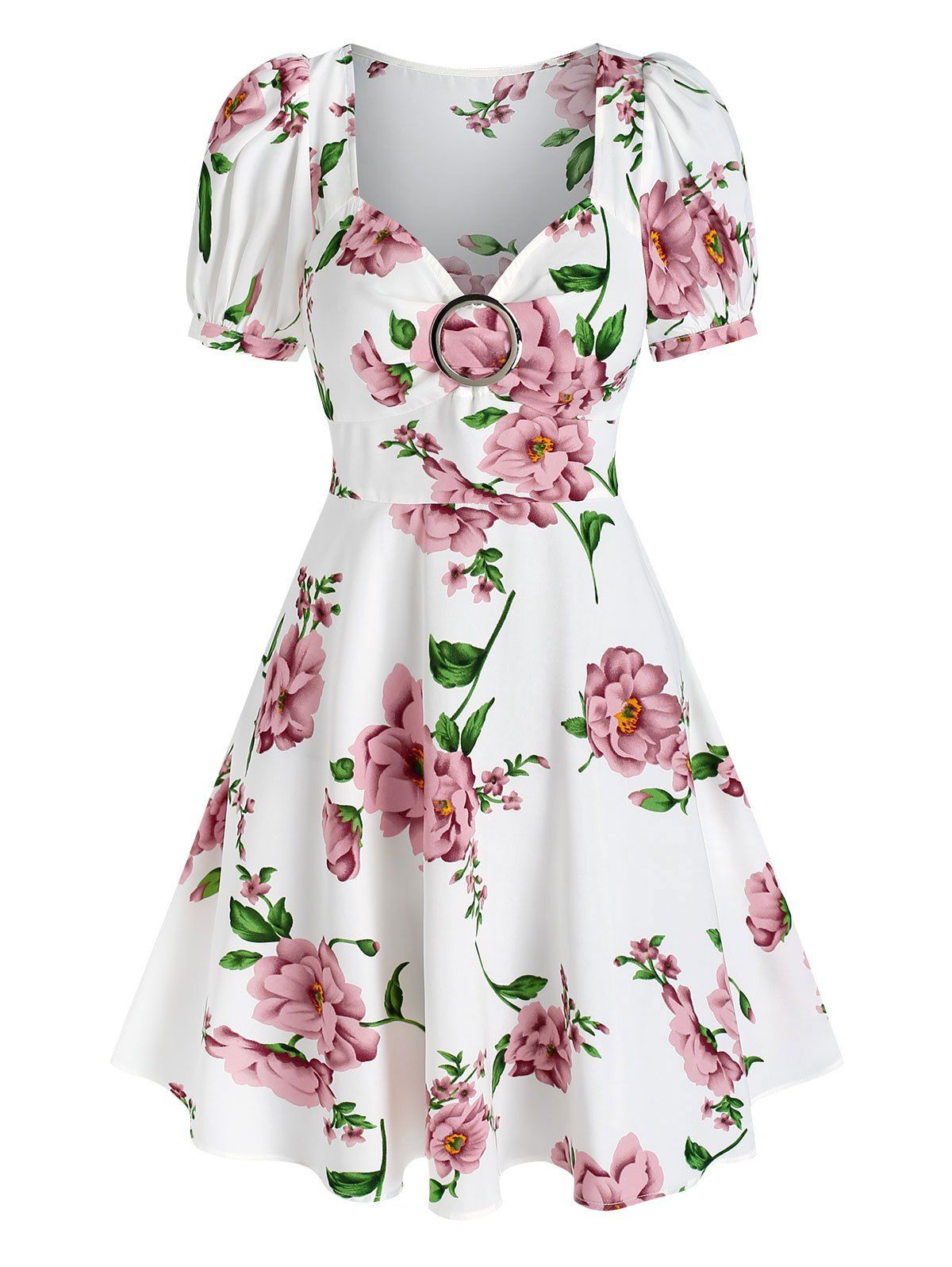 Sweety Floral Print O Ring Sweetheart Neck Puff Sleeve Mini Dress - WHITE L