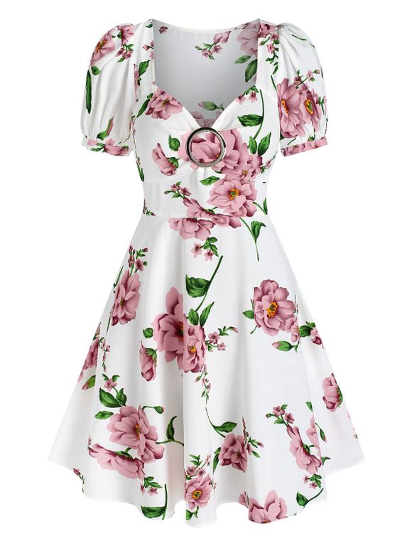 Robe Mini Florale Imprimée à Manches Bouffantes Anneau en O - Blanc L