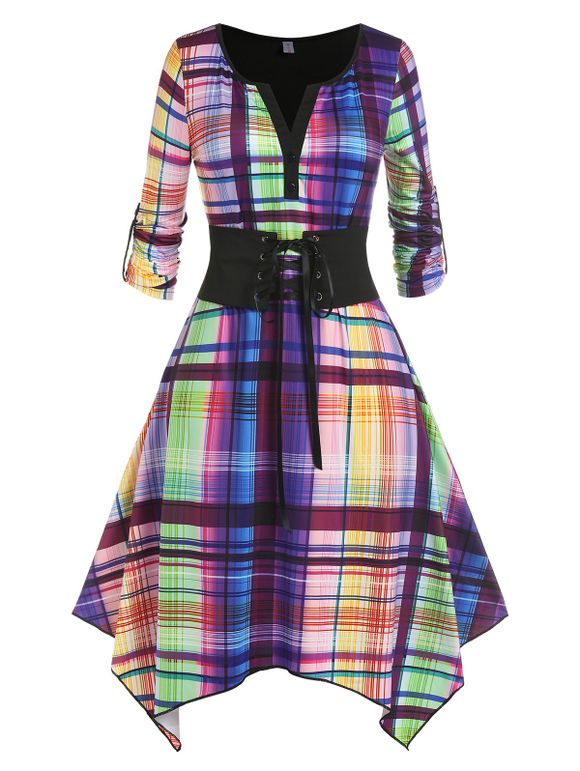 Robe Mouchoir Colorée à Carreaux de Grande Taille à Lacets - multicolor 4X