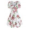 Sweety Floral Print O Ring Sweetheart Neck Puff Sleeve Mini Dress - WHITE L
