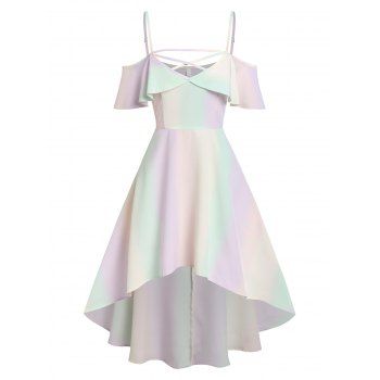 

Summer Crossover Cold Shoulder Rainbow High Low Midi Dress, Light green