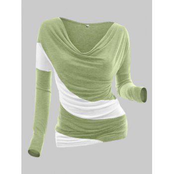 

Colorblock Asymmetrical Cowl Collar T Shirt, Light green