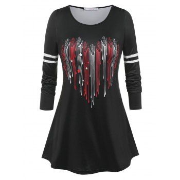 

Plus Size Heart Print Striped T Shirt, Black