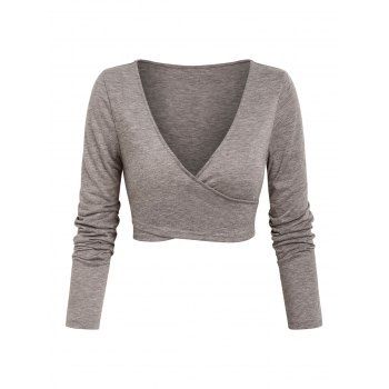 

Plunge Neck Crossover Cropped T-shirt, Light coffee