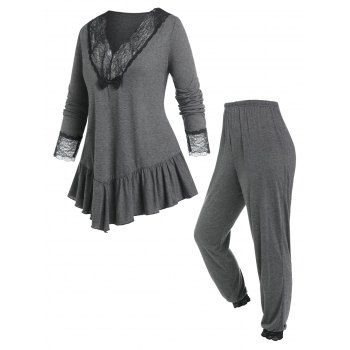 

Plus Size Lace Panel Flounced T-shirt and Pants Pajamas Set, Gray