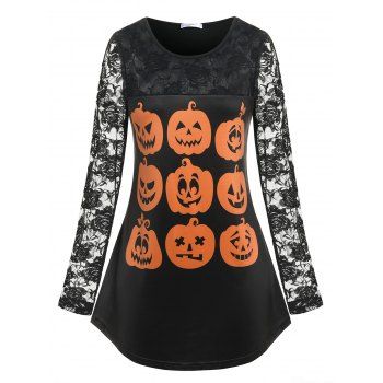 

Plus Size Lace Sleeve Halloween Pumpkin Face Print Tee, Black