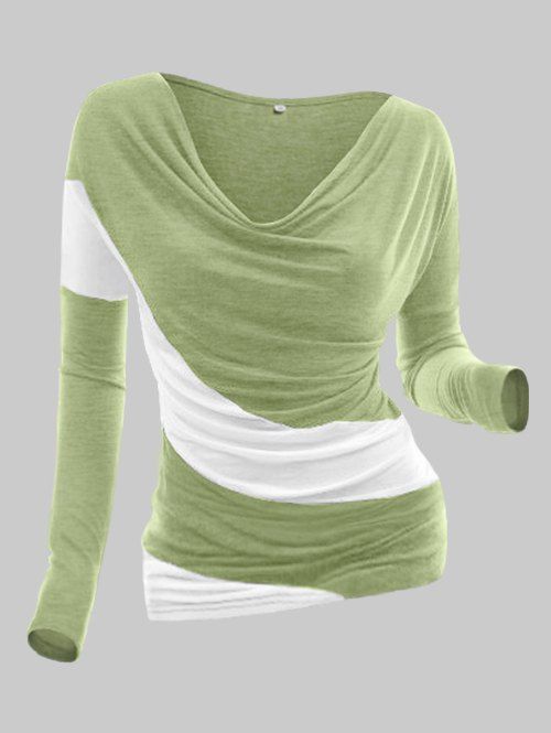 T-shirt Asymétrique en Blocs de Couleurs à Col Bénitier - Vert clair XL