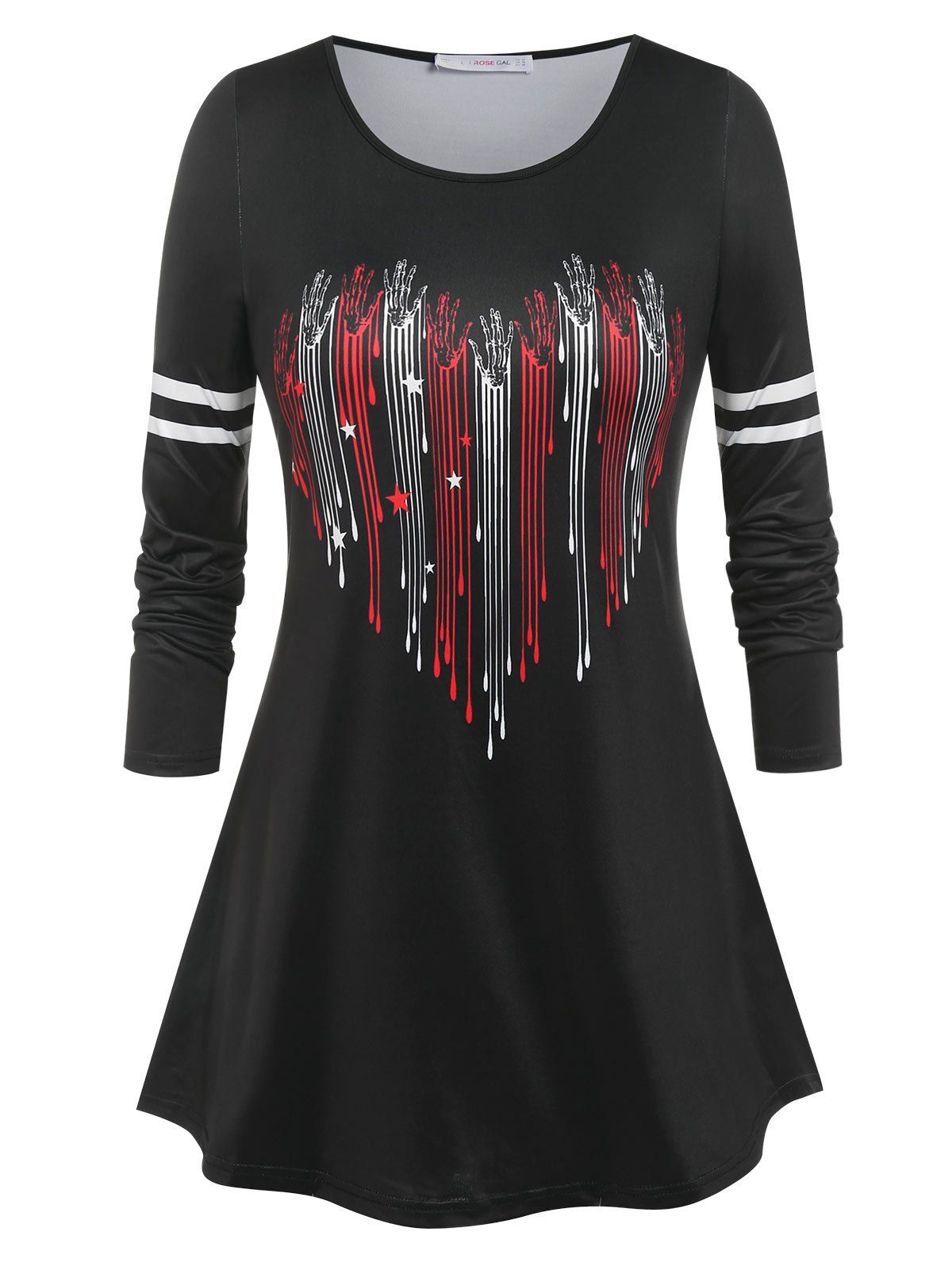 Plus Size Heart Print  Striped T Shirt - BLACK 5X