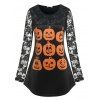 T-shirt D'Halloween Cà Imprimé Citrouille à Manches en Dentelle de Grande Taille - Noir 1X