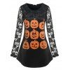T-shirt D'Halloween Cà Imprimé Citrouille à Manches en Dentelle de Grande Taille - Noir 3X