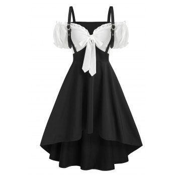 

Cold Shoulder Bowknot Detail High Low Twofer Dress, Black