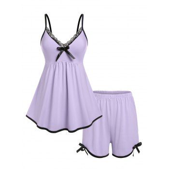 

Plus Size Lace Trim Piping Pajama Cami Top and Shorts Set, Light purple